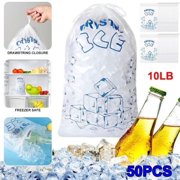 OZNALA 50PCS Durable Ice Storage Bag Drawstring Closure Ice Bags For BBQ Camping