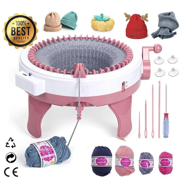 OZNALA 48 Needle Knitting Machine with Yarn Smart Weaving T/P Two Weaving Modes Knit Rotating Adults or Kids DIY with Croche Hand Needles Wool Threads for Hat, Scarves, Gloves, Socks Pink