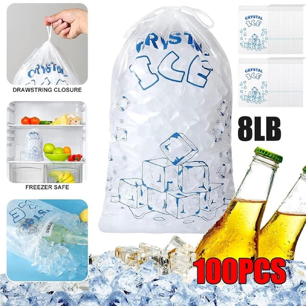 OZNALA 100X Drawstring Ice Bag Clear Plastic Party Bags 8 lb Reusable Durable