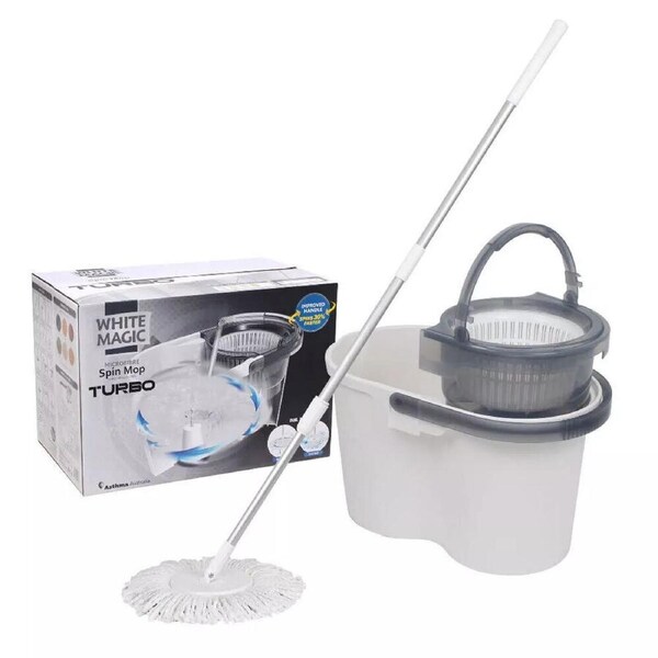 White Magic Turbo Microfibre Spin Mop Hand Press w/ Bucket