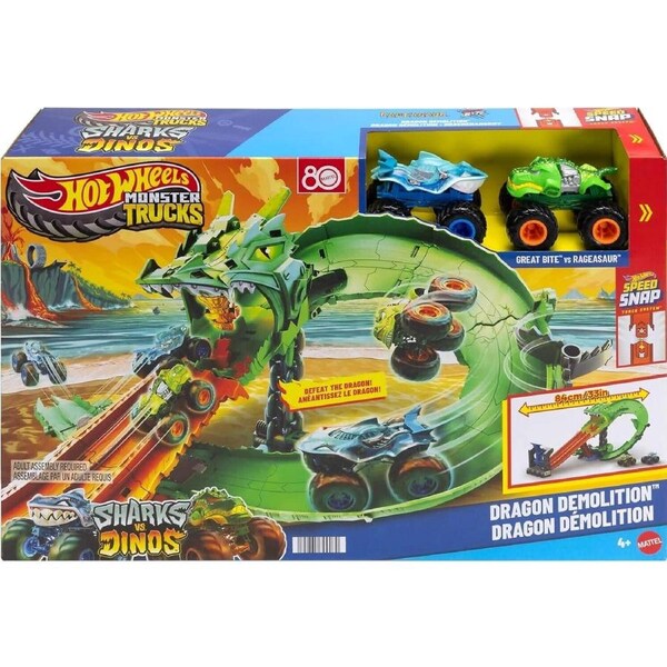 Hot Wheels - Sharks vs. Dinos Dragon Destruction Playset with Great Bite & Rageasaur - Mattel