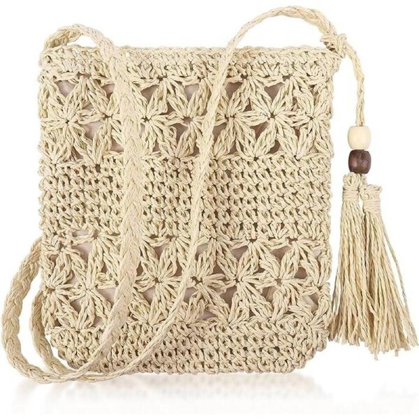 Women's Straw Bag 20x24CM Summer Straw with Zipper Handmade Textile Crossbody Bag for Travel Vocation (Beige)