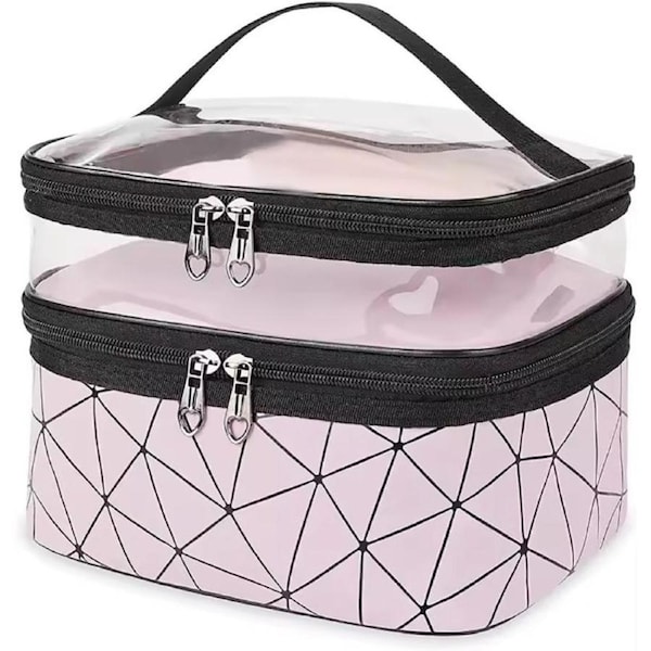 Large Pink Travel Necklace for Women, Transparent Waterproof Cosmetic Bag with Double Cap, Organizer with Compartments