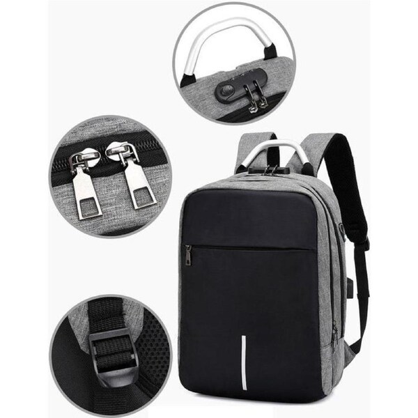 Anti-Theft Laptop Backpack - Laptop Backpack - 16 Inch - 35 Liters - Water Resistant - Includes USB Connection - Grey
