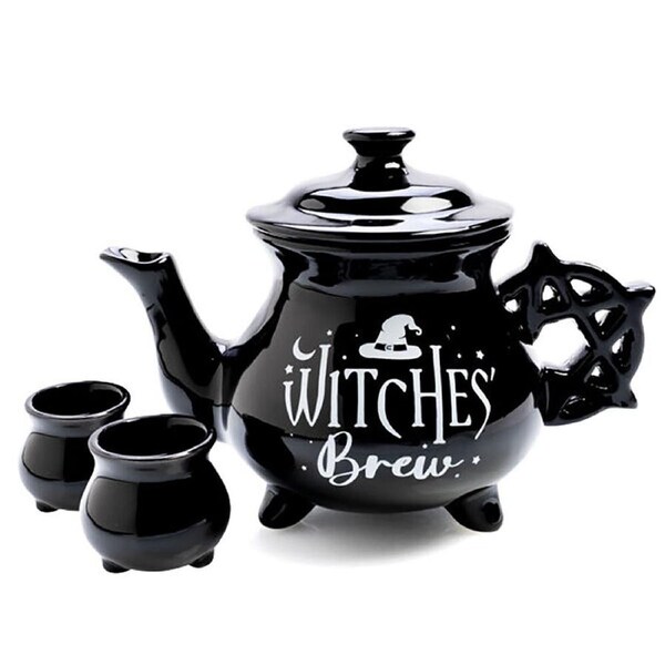 MDI Cauldron Teapot w/ 2xTeacups Teatime Drinkware Set Black Witches Brew