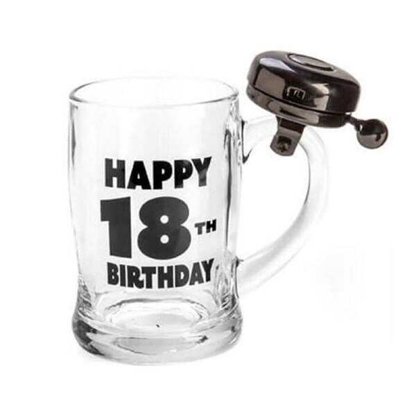 MDI Bell Mug Beer Stein Glass Pub Party Drinkware Clear Happy 18th Birthday