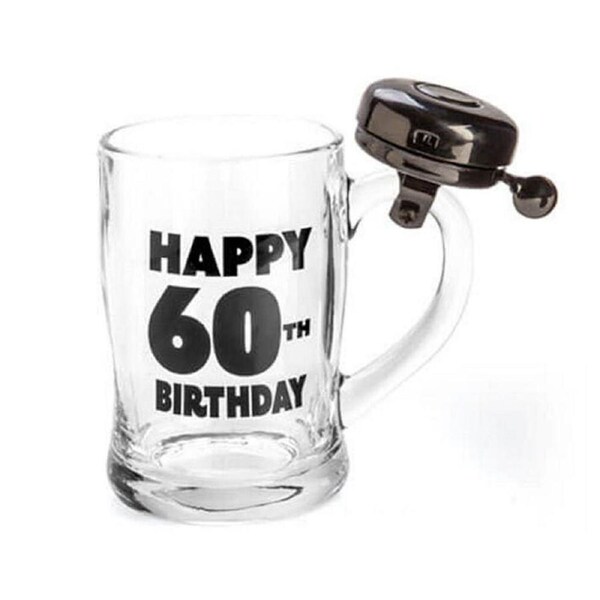 MDI Bell Mug Beer Stein Glass Pub Party Drinkware Clear Happy 60th Birthday