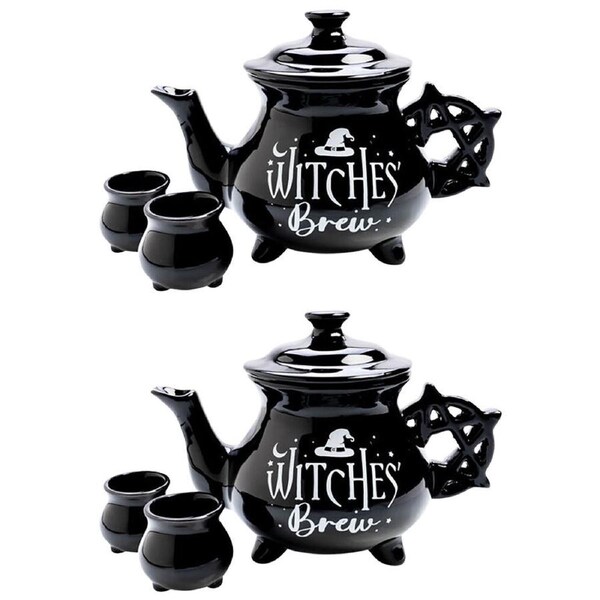 2PK MDI Cauldron Teapot w/ 2xTeacups Teatime Drinkware Set Black Witches Brew