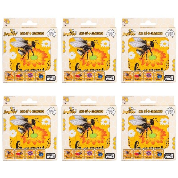 6x 4pc Joybee Cork-Backed Drink Coasters Table Protector Mat Square Bee Yellow
