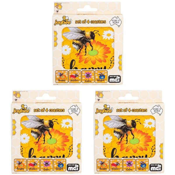 3x 4pc Joybee Cork-Backed Drink Coasters Table Protector Mat Square Bee Yellow