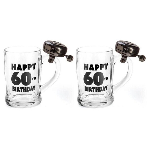 2PK MDI Bell Mug Beer Stein Glass Pub Party Drinkware Clear Happy 60th Birthday