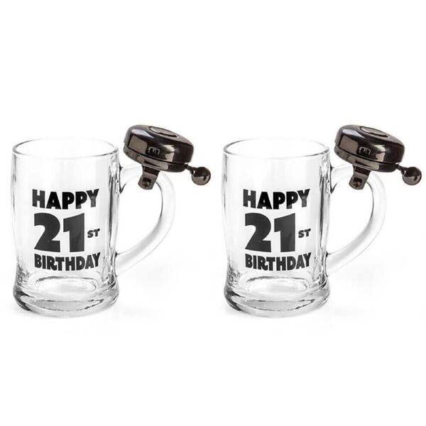 2PK MDI Bell Mug Beer Stein Glass Pub Party Drinkware Clear Happy 21st Birthday