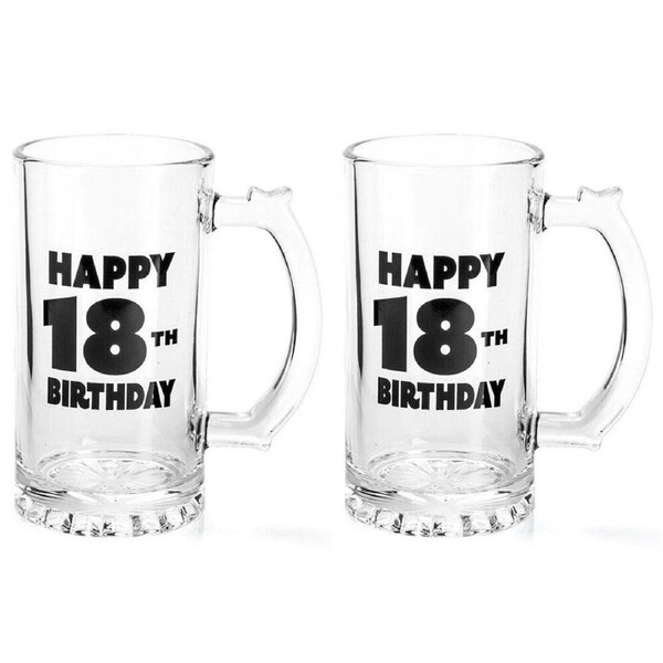 2PK MDI Beer Stein Glass Mug Bar/Pub Party Drinkware Clear Happy 18th Birthday