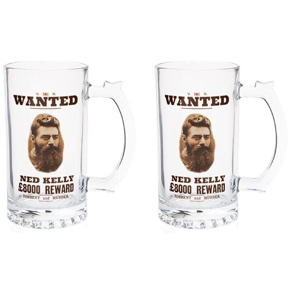 2PK Outback Mates Beer Stein Glass Mug Drinkware 450ml Clear Bushranger Ned