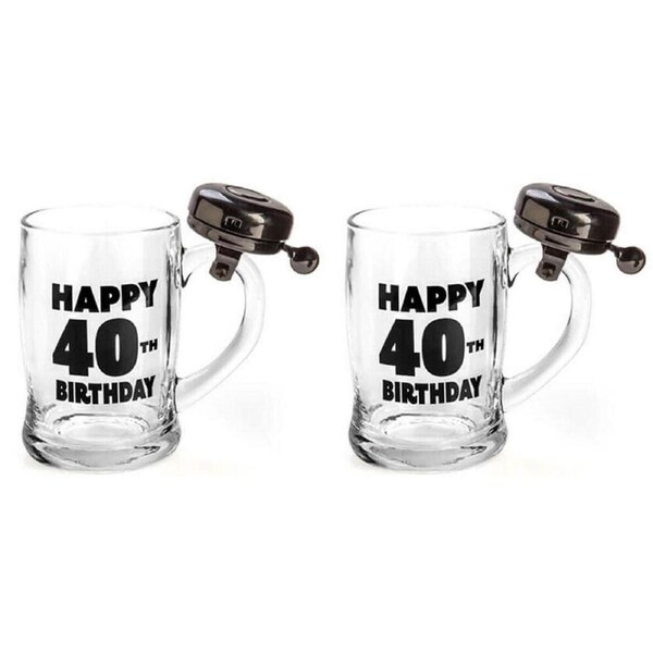 2PK MDI Bell Mug Beer Stein Glass Pub Party Drinkware Clear Happy 40th Birthday