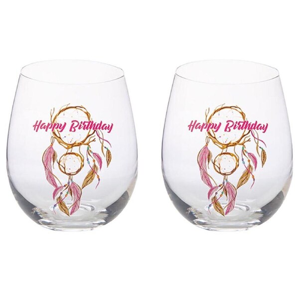 2PK Tallulah Bevel Stemless Wine Glass Drinkware Dreamcatcher Happy Birthday