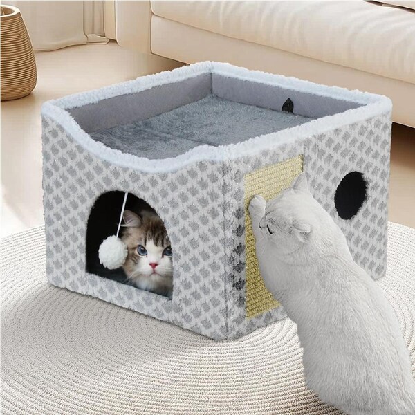 ACA 2 Layers Grey Cat Dog House Foldable Large Covered Small Pet Sleeping Bed Cat Scratcher Cave