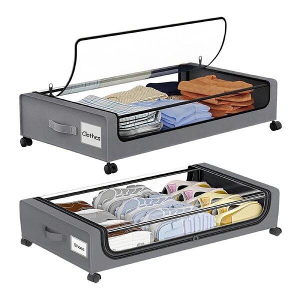 ACA 2 Pack Under Bed Storage Rolling Wheels & Lid Large Container for Clothes Grey