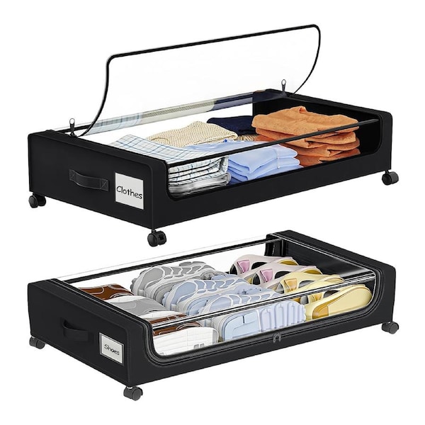 ACA 2 Pack Under Bed Storage Rolling Wheels & Lid Large Container for Clothes Black