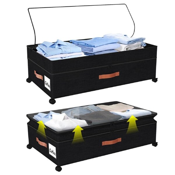 ACA Under Bed Rolling Storage Container with Wheels Underbed Bag Organizer Height Adjustable Divider Black
