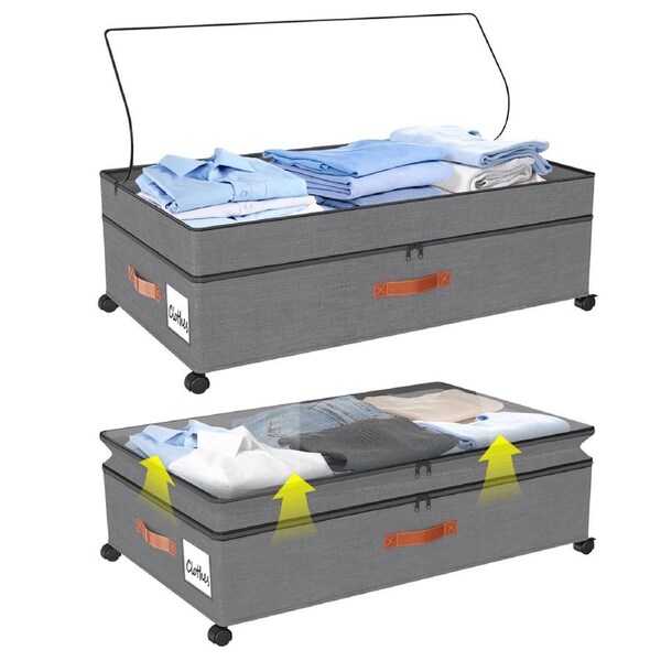 ACA Under Bed Rolling Storage Container with Wheels Underbed Bag Organizer Height Adjustable Divider Grey