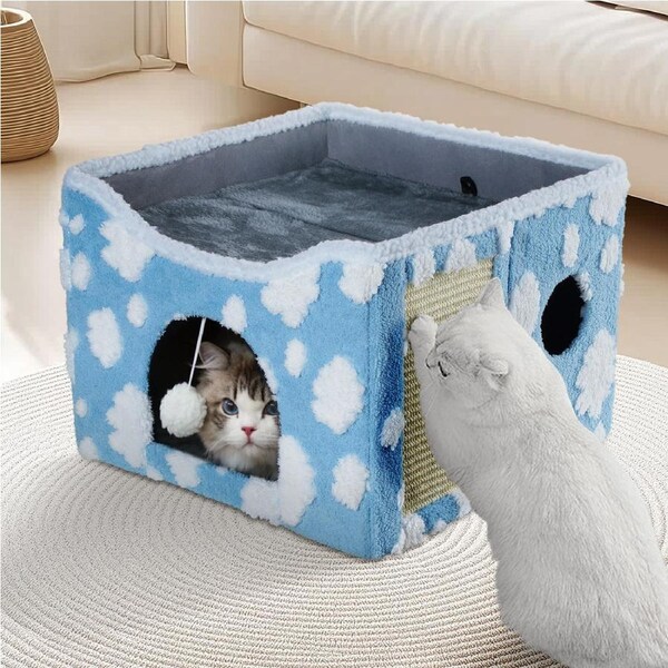 ACA 2 Layers Blue Cat Dog House Foldable Large Covered Small Pet Sleeping Bed Cat Scratcher Cave