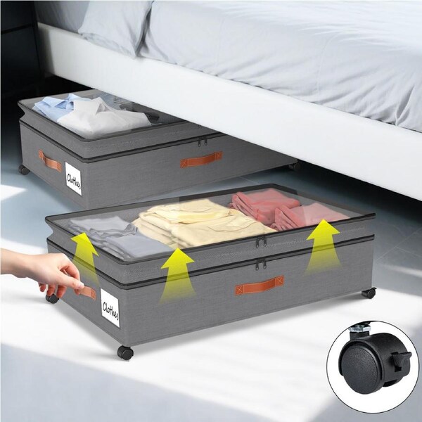 Height Adjustable Grey Under Bed Storage Box Household Wheeled Clothes Organizer Toy Container with Lid