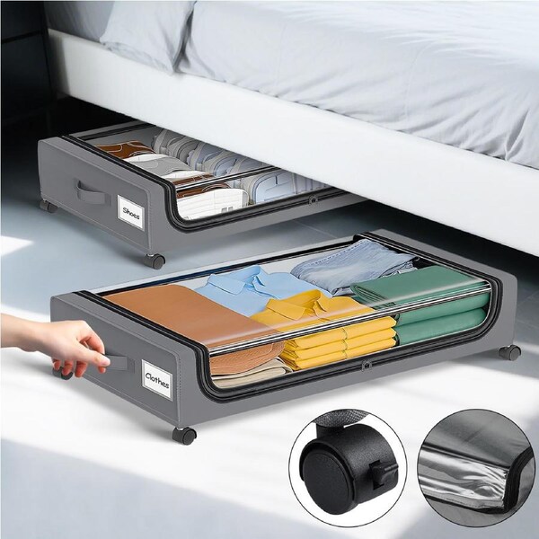 2 Pack Grey Under Bed Storage with Wheels Space-saving Shoe Clothes Underbed Organiser Large