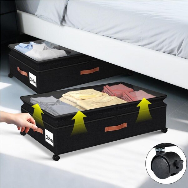 Height Adjustable Black Under Bed Storage Box Household Wheeled Clothes Organizer Toy Container with Lid