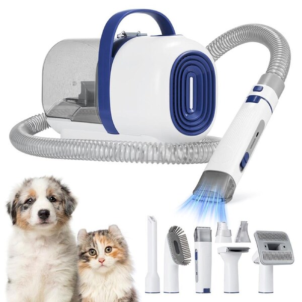Petzly Pet Grooming Kit 7 in 1 Kit Cat Dog Pet Hair Vacuum Blue