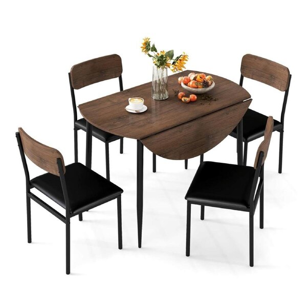 Costway 5-Piece Round Drop Leaf Dining Table Set w/4 Upholstered Chairs Kitchen Compact Folding Furniture