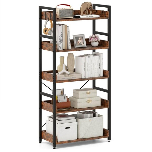 Costway 5-Tier Bookshelf w/Hooks Tall Bookcase Corner Storage Rack Vintage Standing Display Shelf