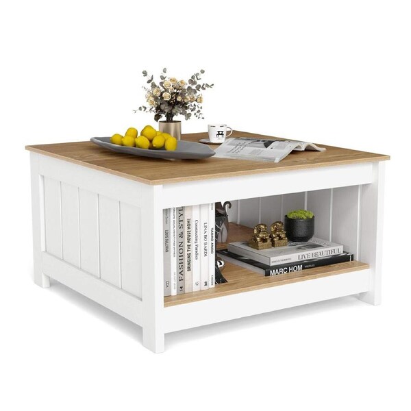 Costway Coffee Table Square Cocktail Table w/Storage Shelf Farmhouse Rustic Center Table