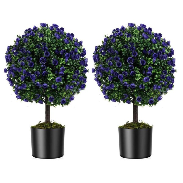 Costway 55cm Set of 2 Artificial Purple Rose Topiary Ball Trees Fake Boxwood Potted Decorative Plant