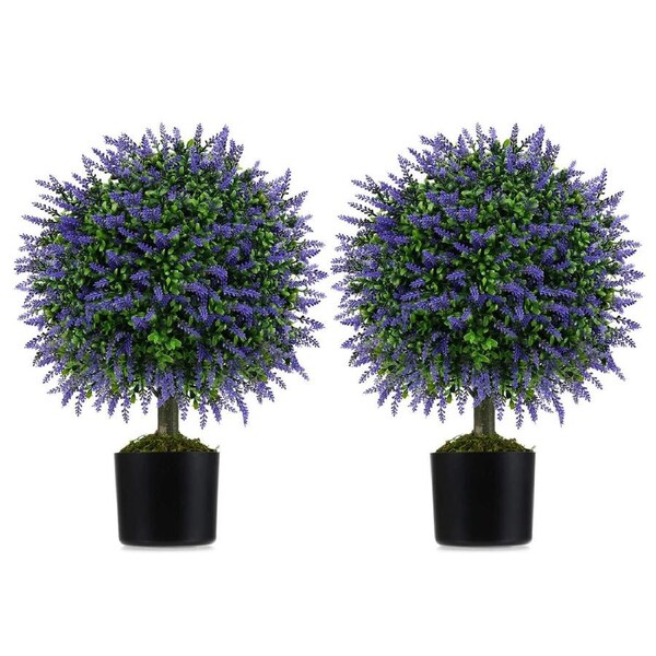 Costway Set of 2 58cm Artificial Lavender Topiary Ball Trees Fake Boxwood Potted Decorative Plant
