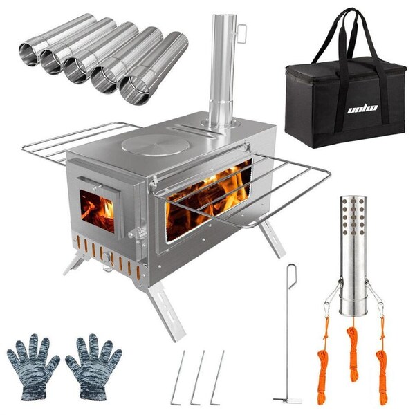 Stainless Steel Wood Burner Stove for Camping w/ Chimney & Bag