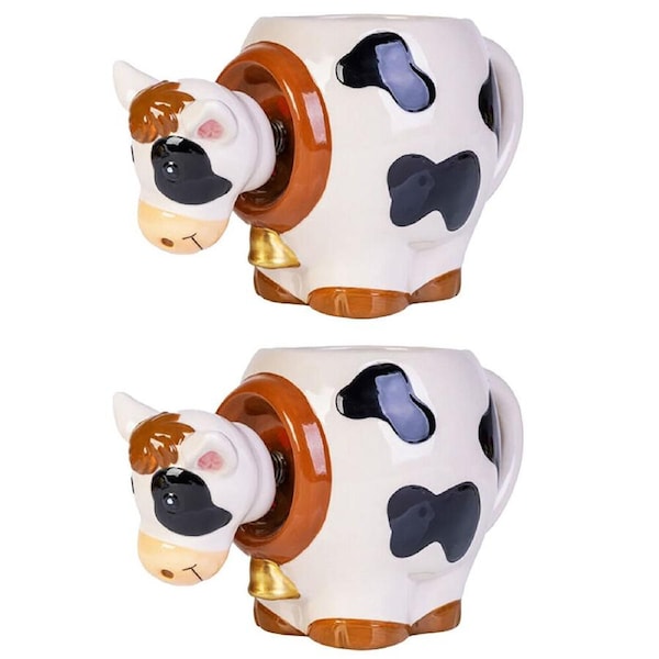 2PK MDI 3D Cow Bobble Head Ceramic Coffee/Tea Novelty Mug Drinkware 17.5x11cm
