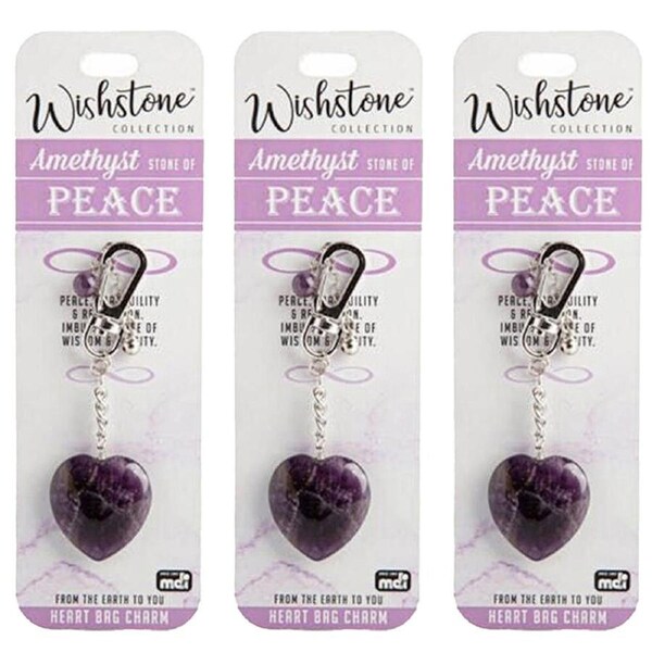 3PK Wishstone Amethyst Stone of Peace Heart Bag Clip-On Charm/Keychain Purple