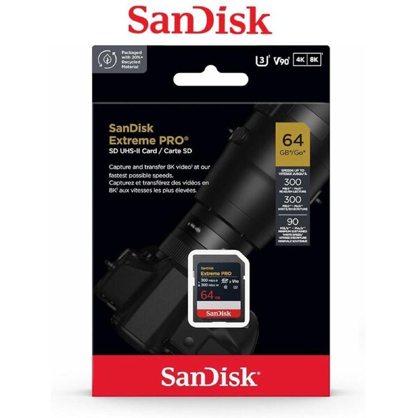 SD Card SanDisk Extreme PRO 64GB SDXC UHS-II Card V90 8K up to 300MB/s Memory