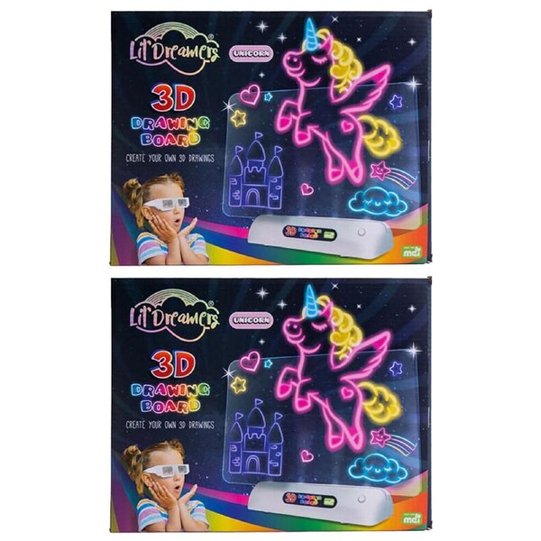 2PK Lil Dreamers Illuminate 3D Drawing Board Set Fluoro Drawing Kit Unicorn 6y+