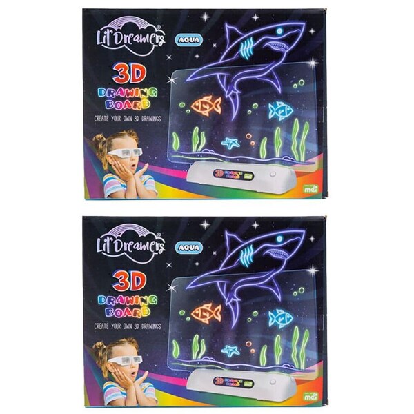 2PK Lil Dreamers Illuminate 3D Drawing Board Art Set Fluoro Drawing Kit Aqua 6y+