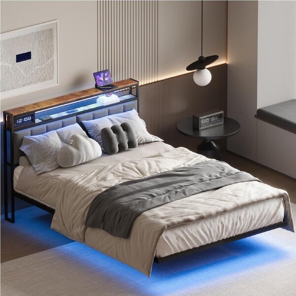 Advwin Floating Bed Frame Double Size with Upholstered Headboard and Charging Station LED Lights Mattress Base