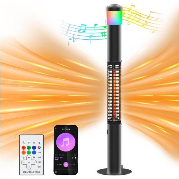 Infrared Heater with Bluetooth Speaker, 1500W Outdoor Heater, Electric Patio Heater for for Courtyard, Garage, Patio, Tip-Over Protection, IP55 Waterproof, Black