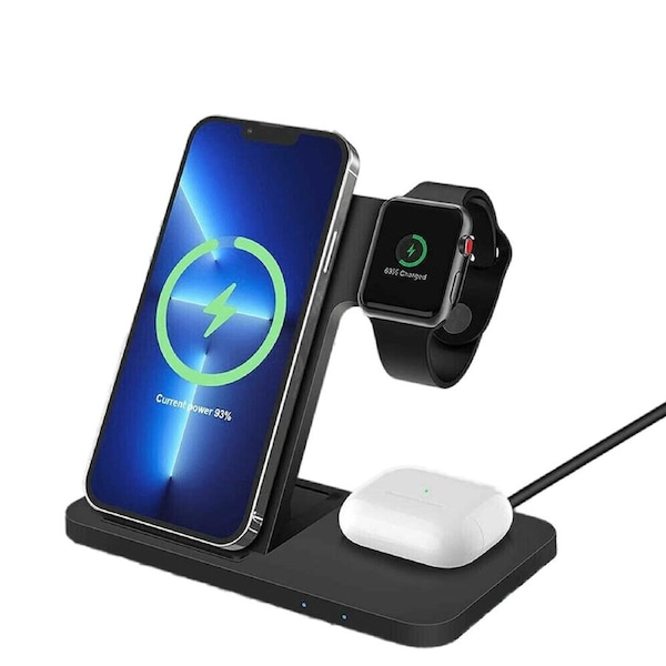 3 in 1 Fast Wireless Charger Station Dock For Apple Watch iPhone 14 Pro 13 12 Black Foldable 3 in 1 Charger