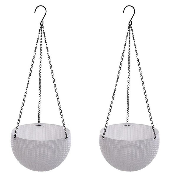 Landen Rattan Hanging Plant Pots Flower Baskets Planters Hanger Wall Garden - 2pcs White Medium