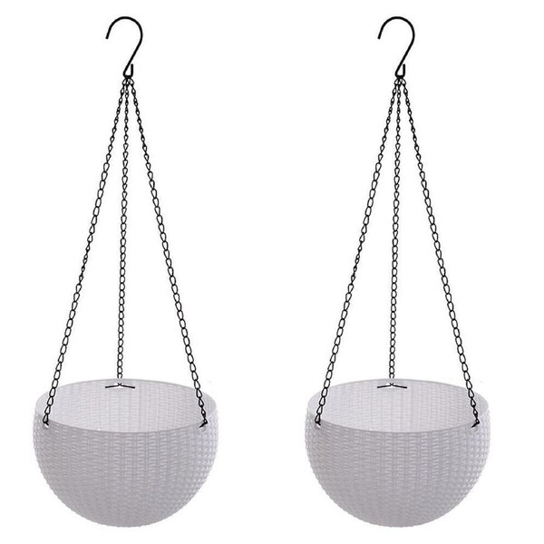 Landen Rattan Hanging Plant Pots Flower Baskets Planters Hanger Wall Garden - 2pcs White Large