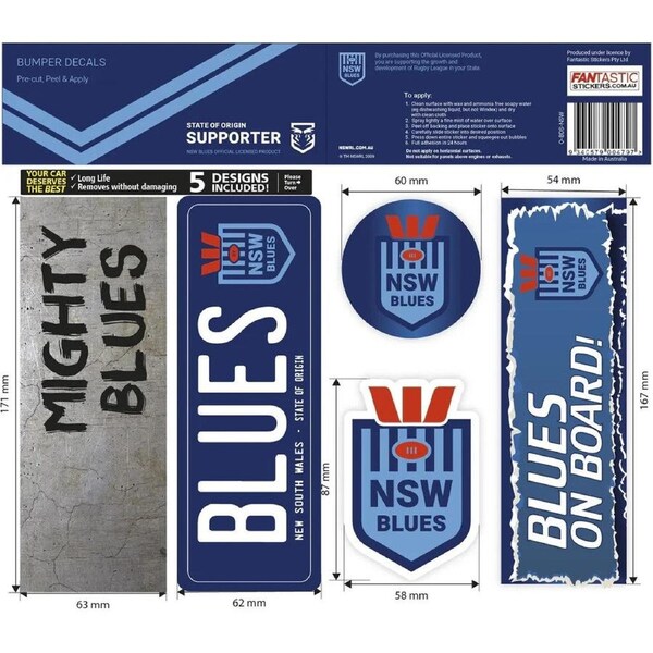 NRL Bumper Decal Sheet Set - NSW Blues - Team Logo Sticker - 170mm