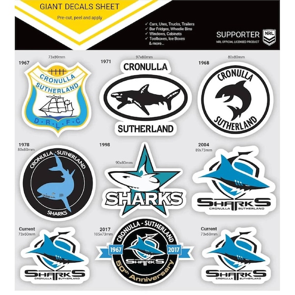 NRL Giant Decal Sheet - Cronulla Sharks - Timeline Of Club Logos - Stickers