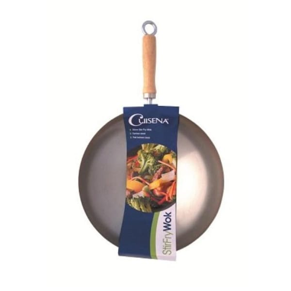 Cuisena Carbon Steel Stir Fry Wok With Flat Bottom Base Wooden Handle - 30 cm