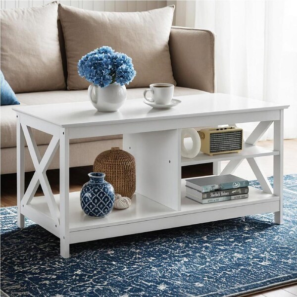 90cm Artiss Coffee Table Side Tables Storage Shelf Farmhouse White